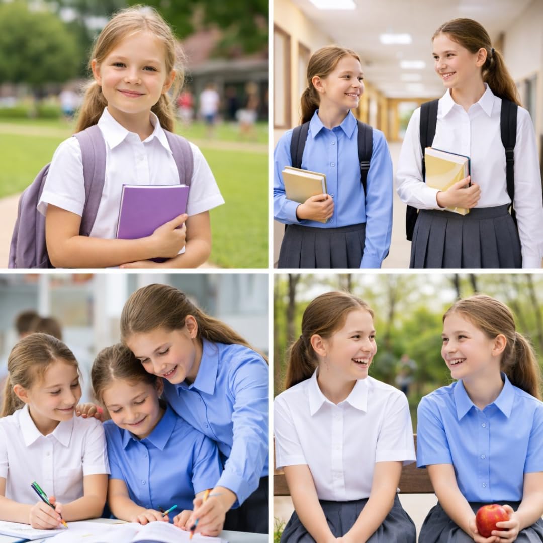 Kids Girls Full Sleeve Half Sleeve School Shirts Plain White Blue Dress Shirts Age 5 to 16 Years