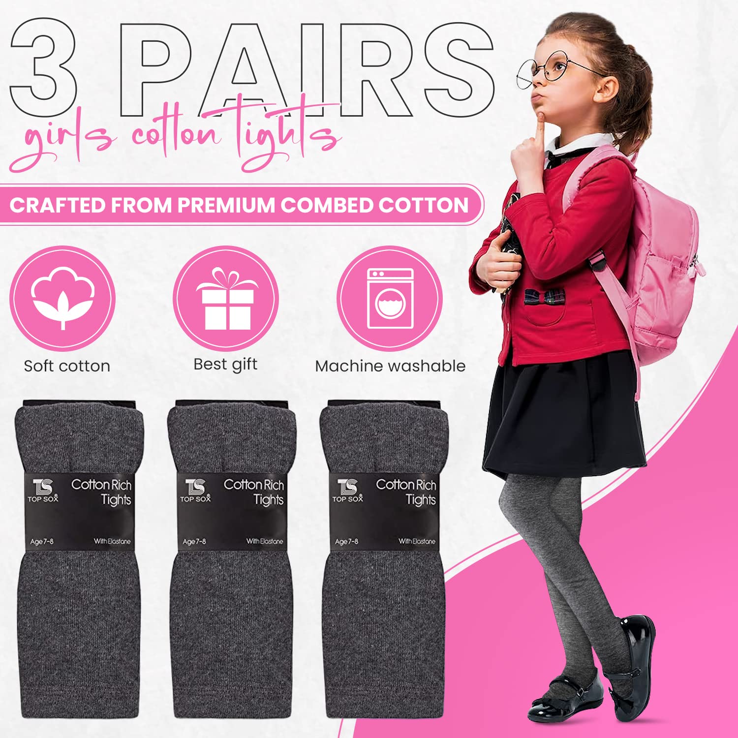 ONLINE ONLY HiFEN® 3 Pairs Girls Cotton Rich Plain Tights Warm Soft Thick Formal Smart Casual Back to School Girl Tights